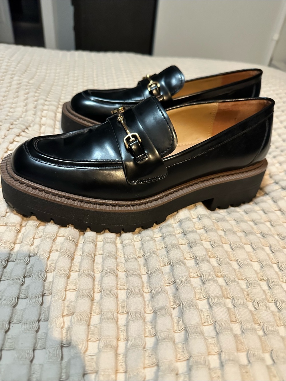 Sam Edelman Laurs Black Leather Lug Sole Loafers with Gold Bit